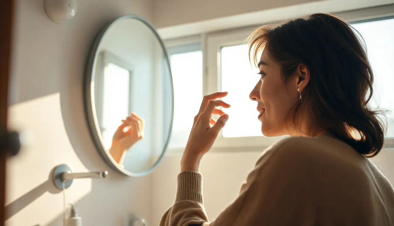 Woman examining her scalp in a mirror during female hair loss assessment