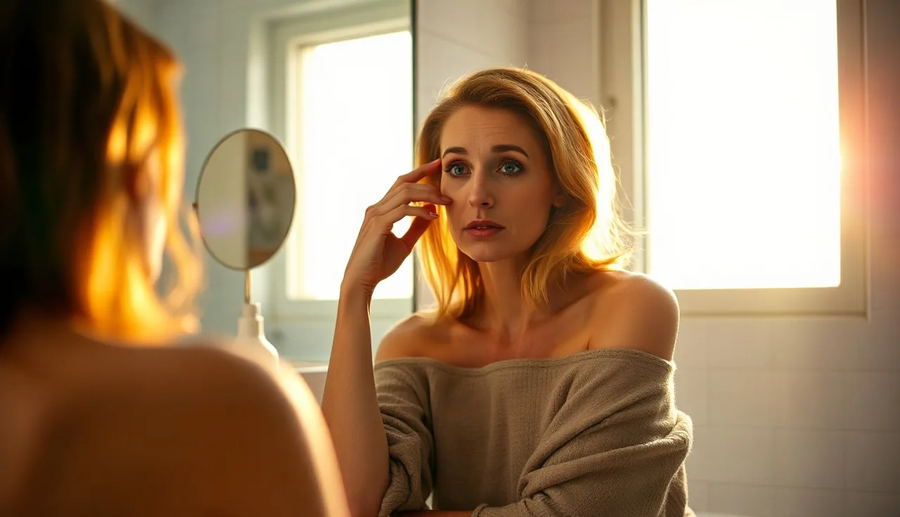 Woman examining her hair thinning in a bathroom mirror in morning light