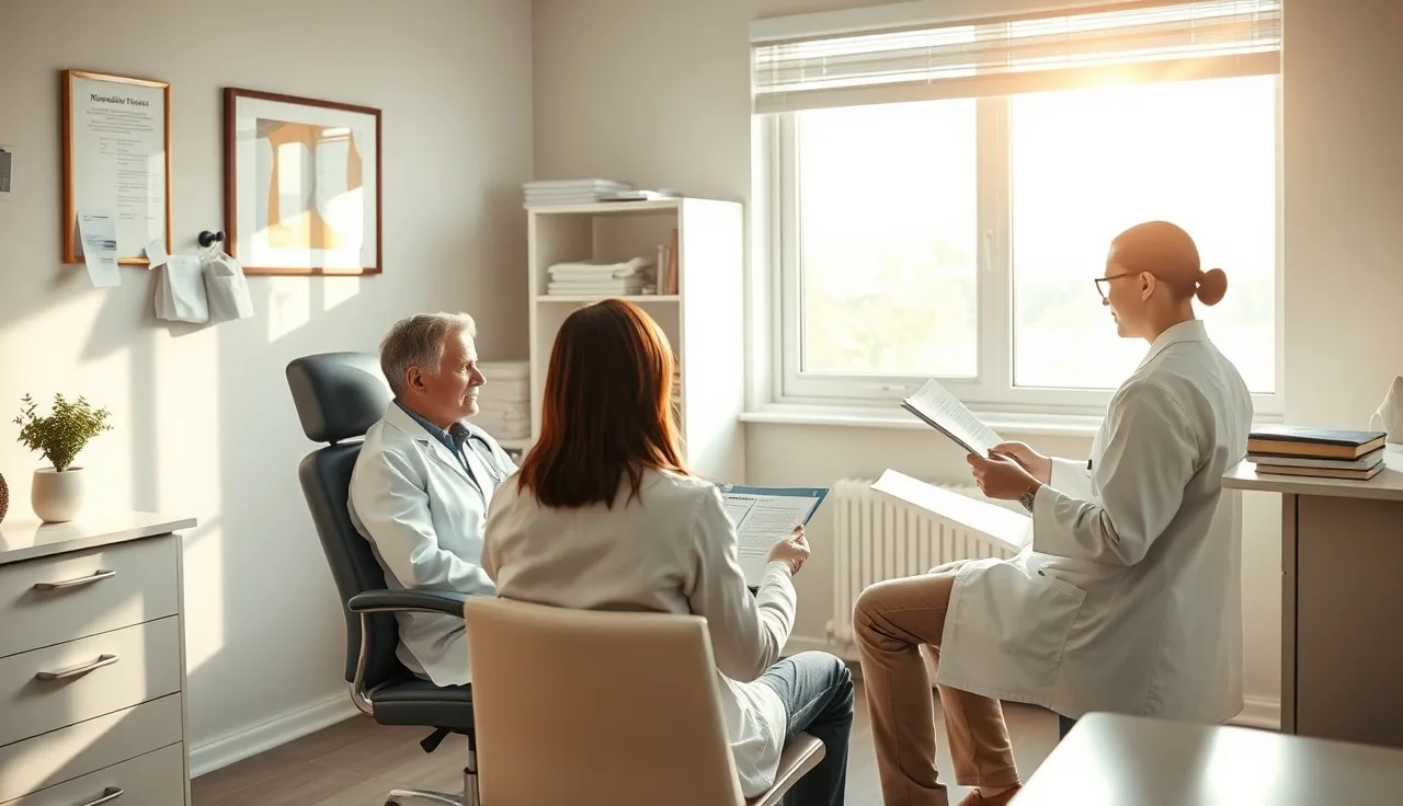Patient reviewing hair loss treatment documents with dermatologist in clinical setting