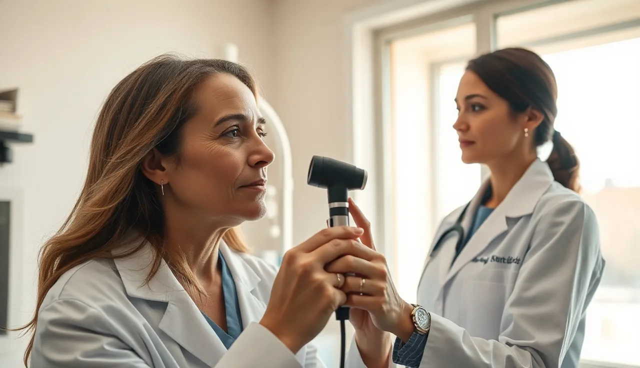 Dermatologist examining a patient's scalp for hair loss with a dermoscope