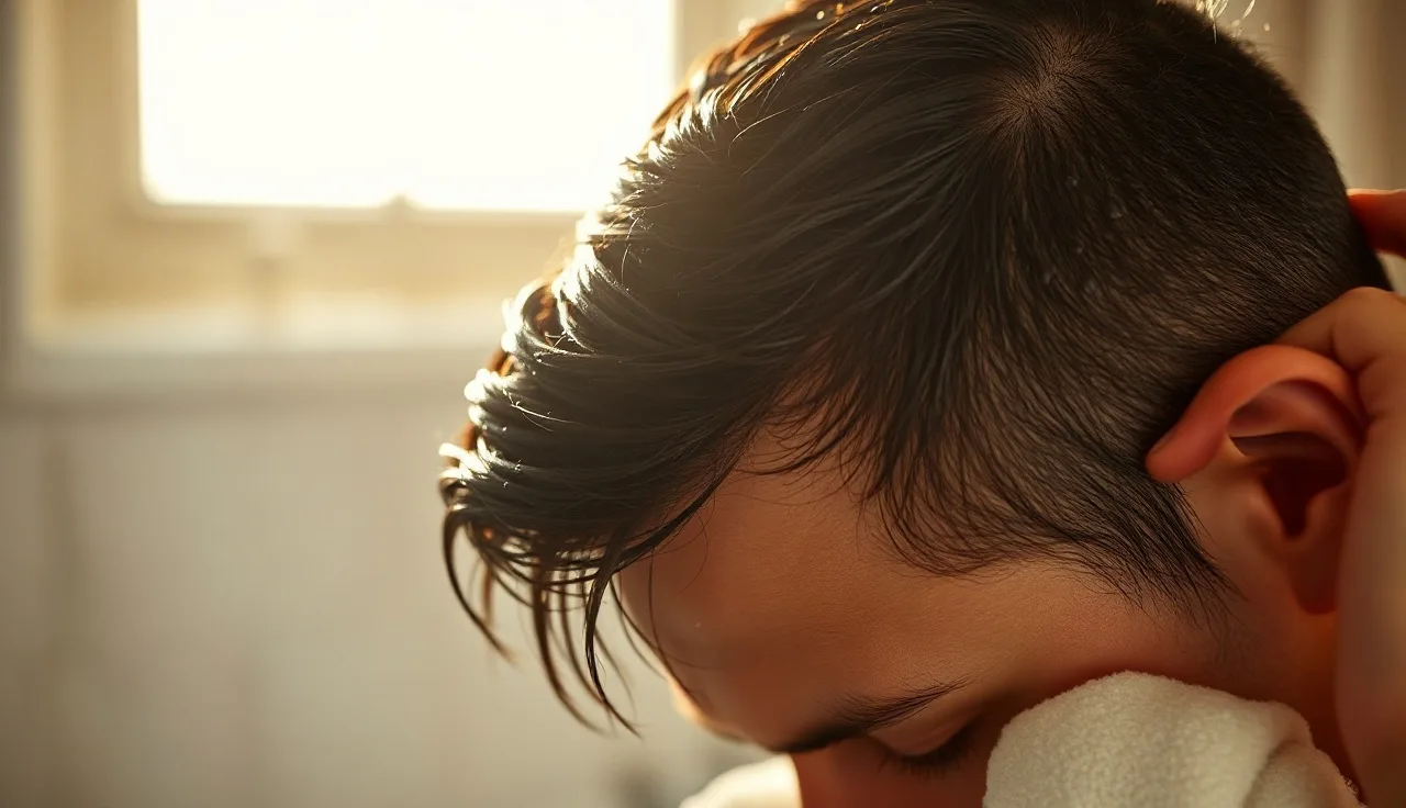Man with wet hair after washing, scalp visible under warm bathroom light