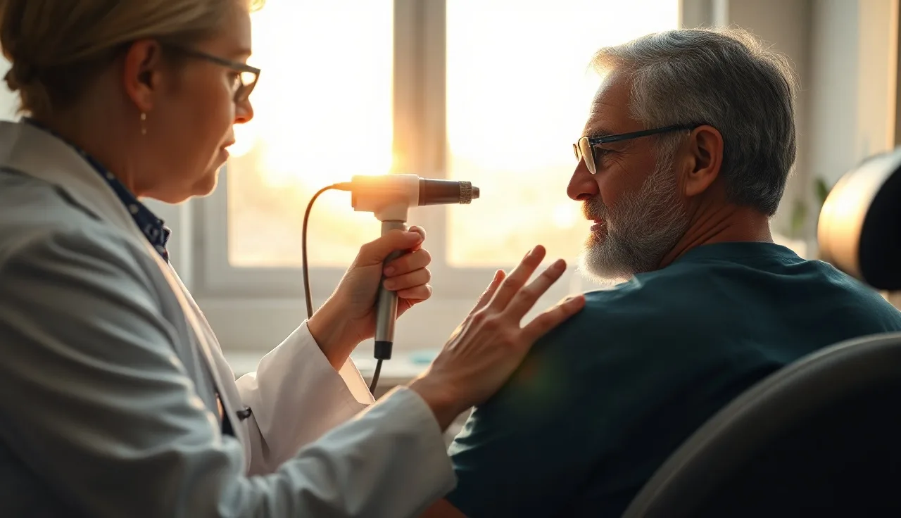 Dermatologist using a dermatoscope to examine a patient's scalp for hair loss