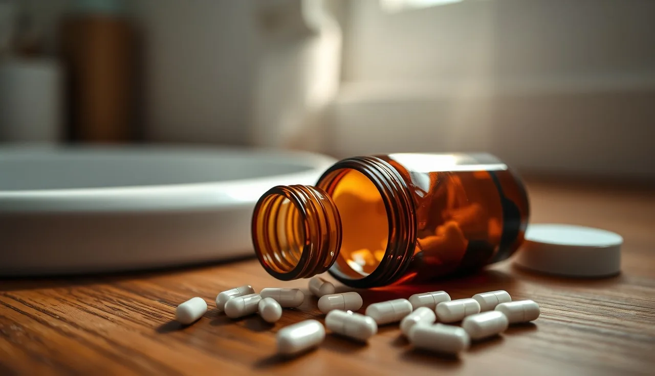 Open supplement bottle with capsules on a wooden bathroom counter in morning light