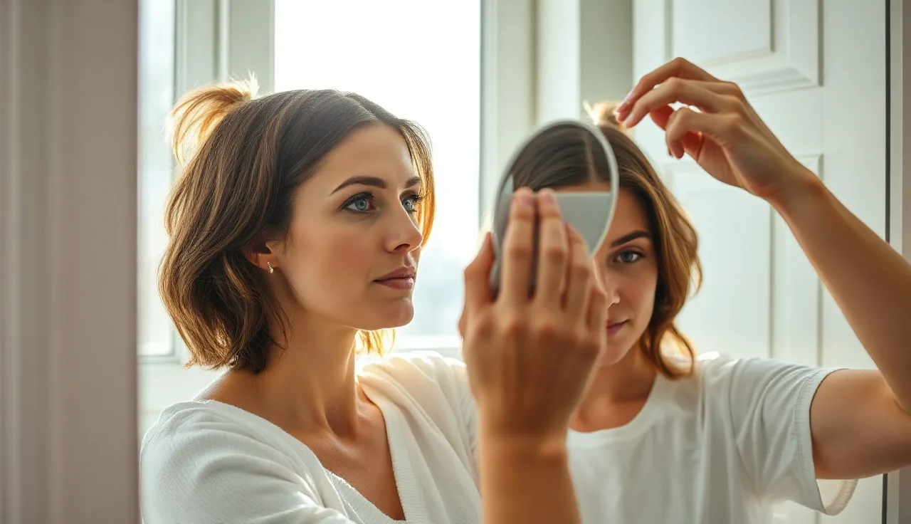 Woman examining hair regrowth at hairline in bathroom mirror during telogen effluvium recovery
