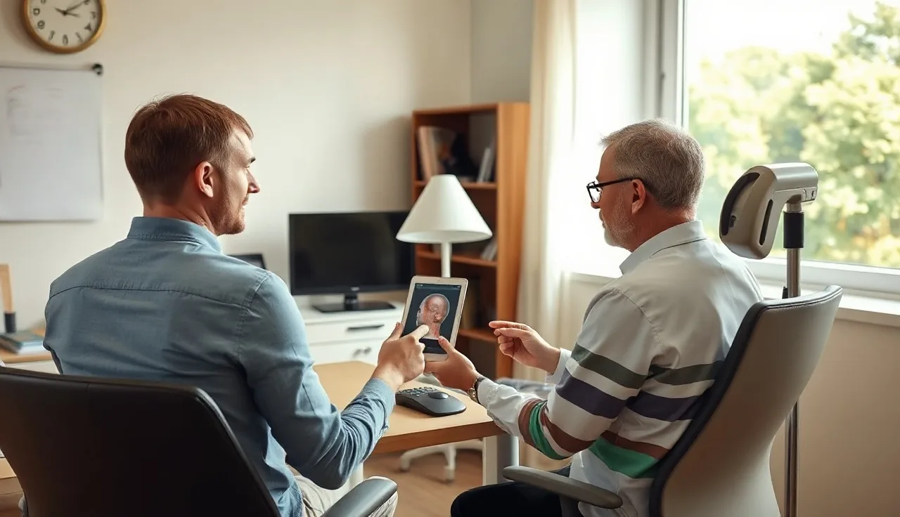 Man reviewing hair transplant consultation materials with a clinician in a medical office