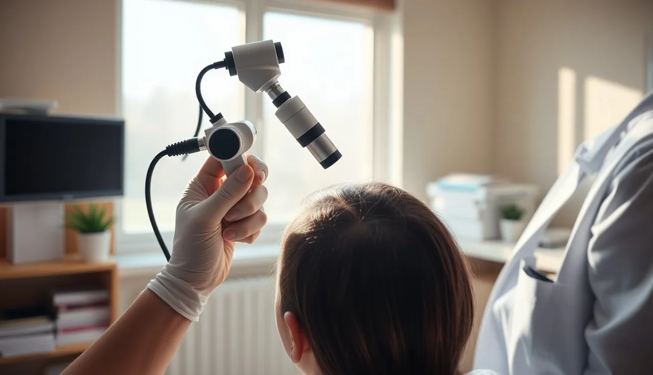 Dermatologist performing trichoscopy with a dermoscope on a patient's scalp