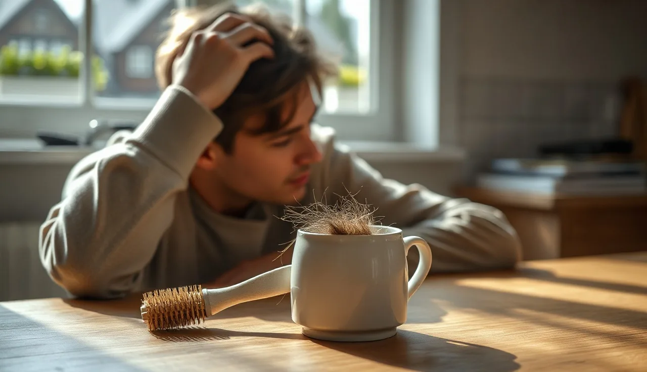 Person resting head in hand beside hairbrush with shed hair on table