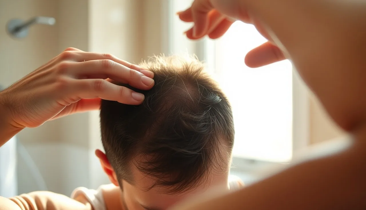 Person parting hair at crown to examine scalp thinning in natural light