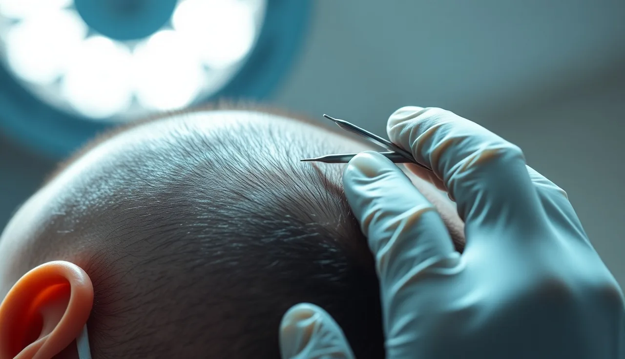 Surgeon examining a man's receding hairline before a hair transplant procedure