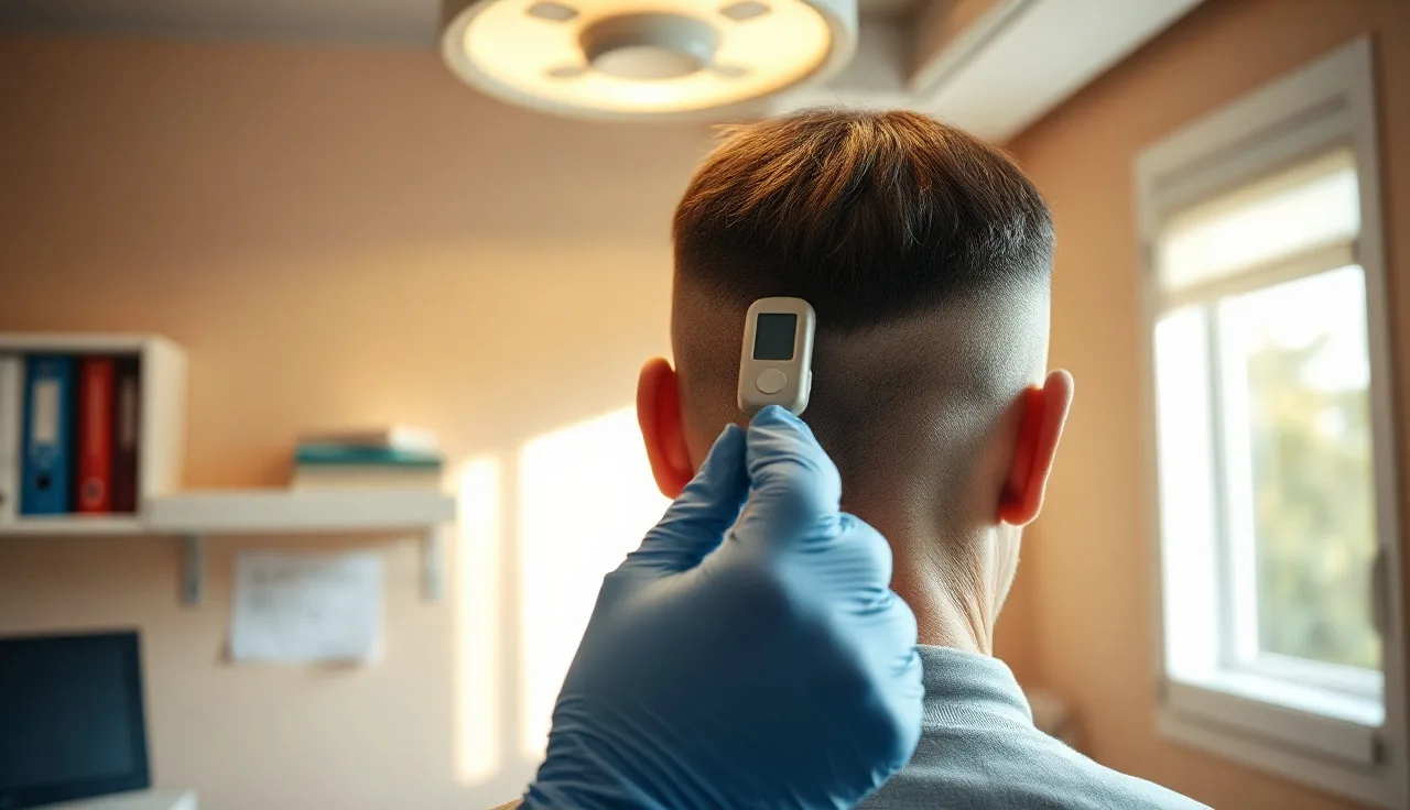 Physician examining a man's scalp donor area before a hair transplant consultation