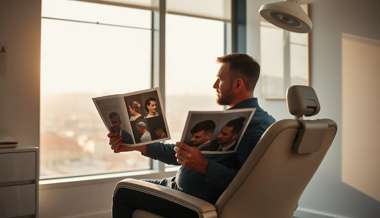 Man reviewing hair transplant result photos in a clinic consultation room