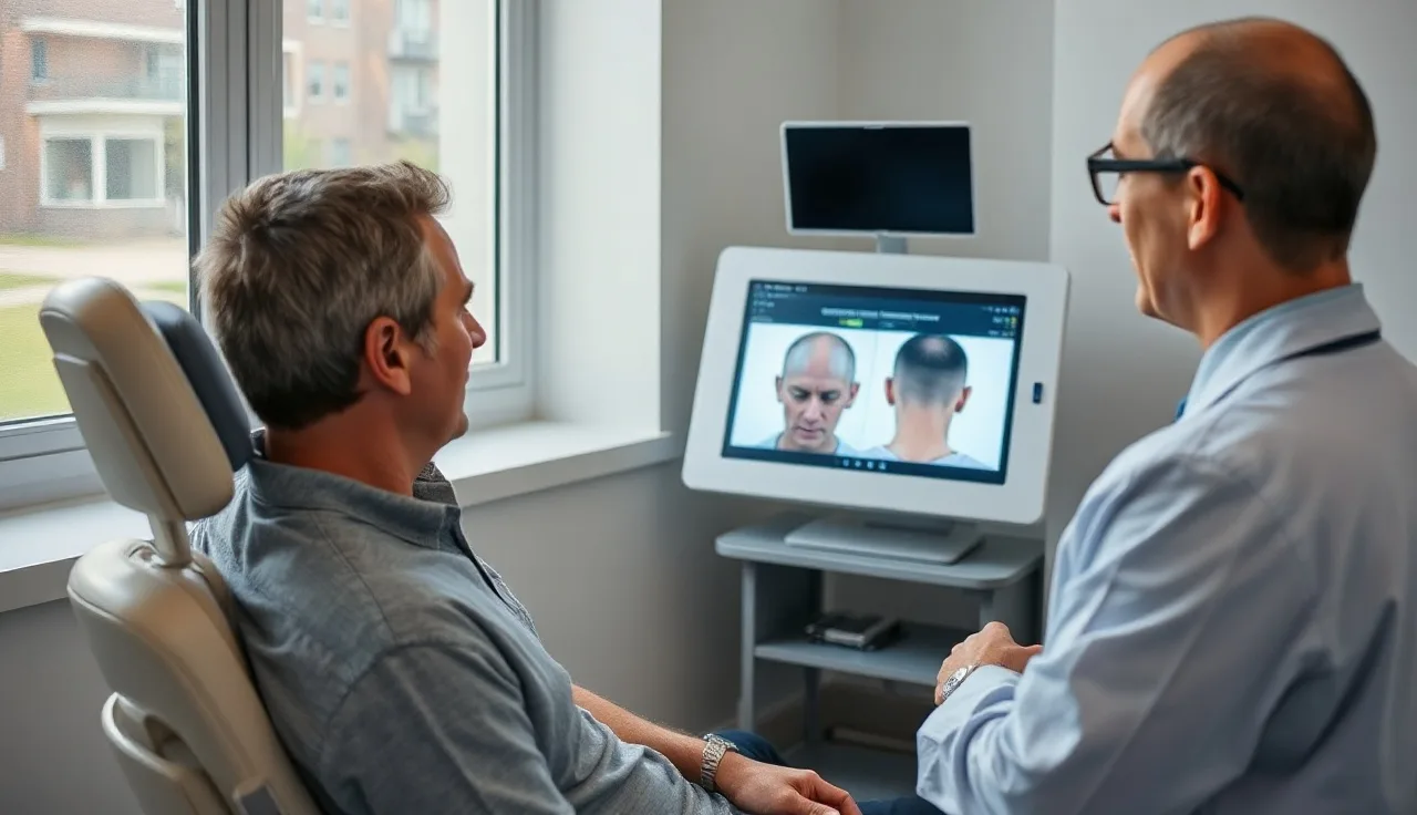 A man and dermatologist reviewing scalp photographs before hair transplant consultation