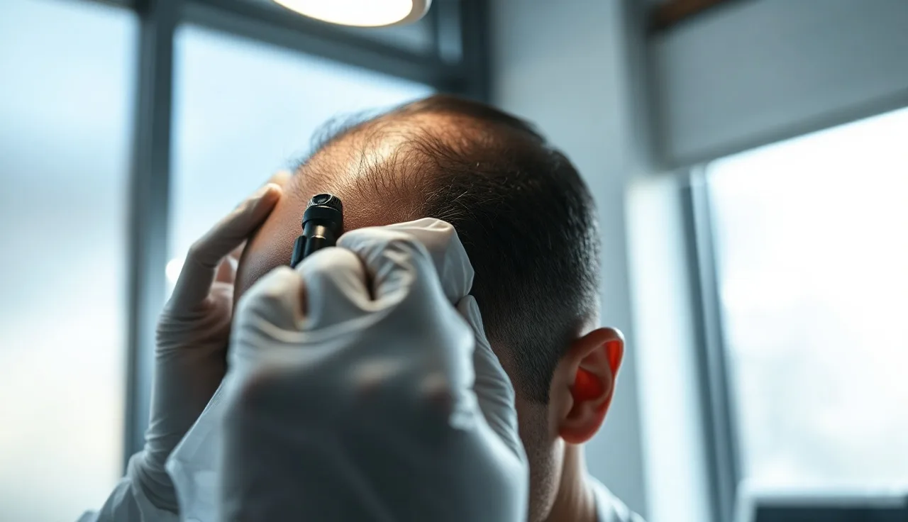 Surgeon examining a man's hairline at a Chicago hair transplant clinic