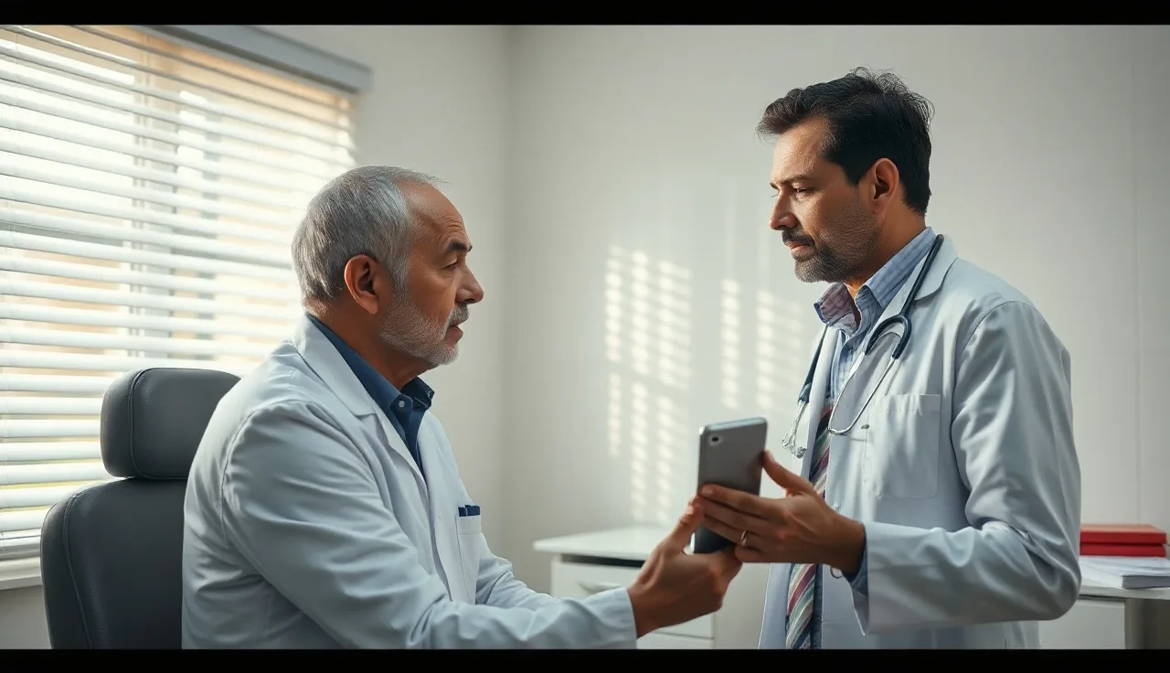 Dermatologist and male patient reviewing hair transplant results in a Dhaka clinic
