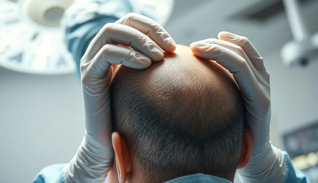Surgeon examining patient scalp before hair transplant procedure in operating room