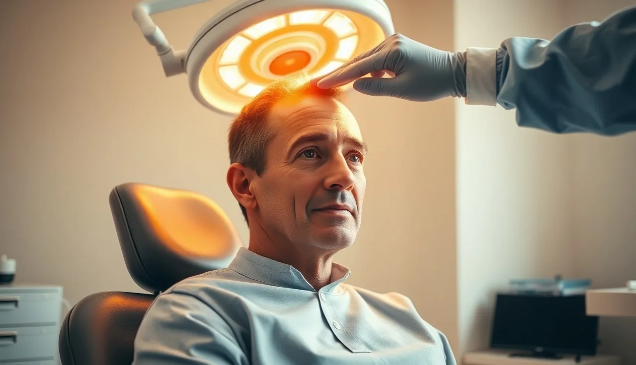 Surgeon consulting patient about crown versus hairline hair transplant placement