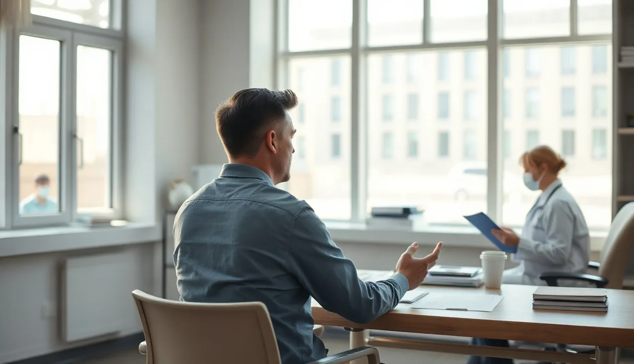Man consulting with a physician about hair transplant expenses in a clinic