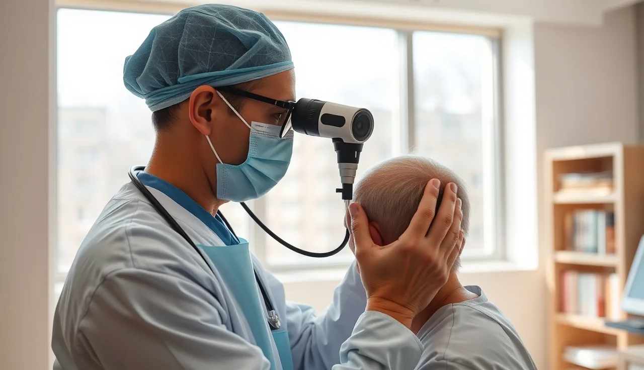 Surgeon examining patient scalp before hair transplant procedure in clinic