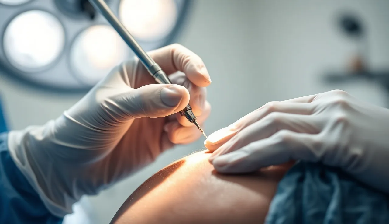 Surgeon performing follicular unit extraction on a patient's scalp in a clinic