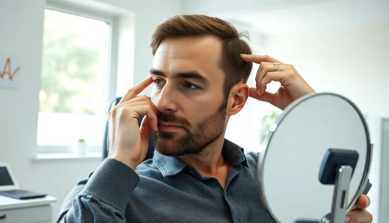 Man examining his hairline in a mirror during a hair transplant consultation