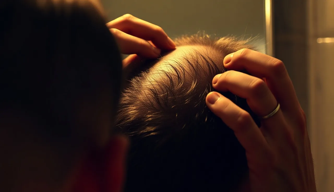 Man examining his scalp closely in bathroom mirror, assessing hair transplant results