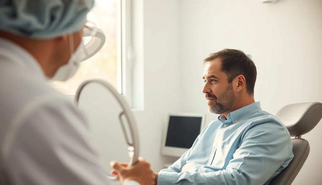 Man examining his hairline in a mirror during a hair transplant consultation