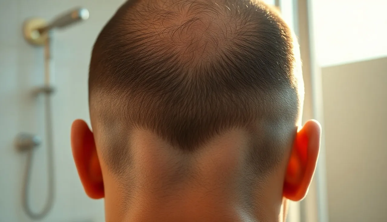 Close-up of man's scalp and short hair under warm natural light during hair transplant healing