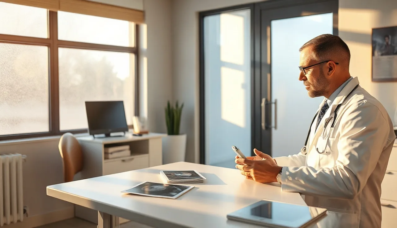 Physician reviewing hair loss photos at a Houston hair transplant consultation desk