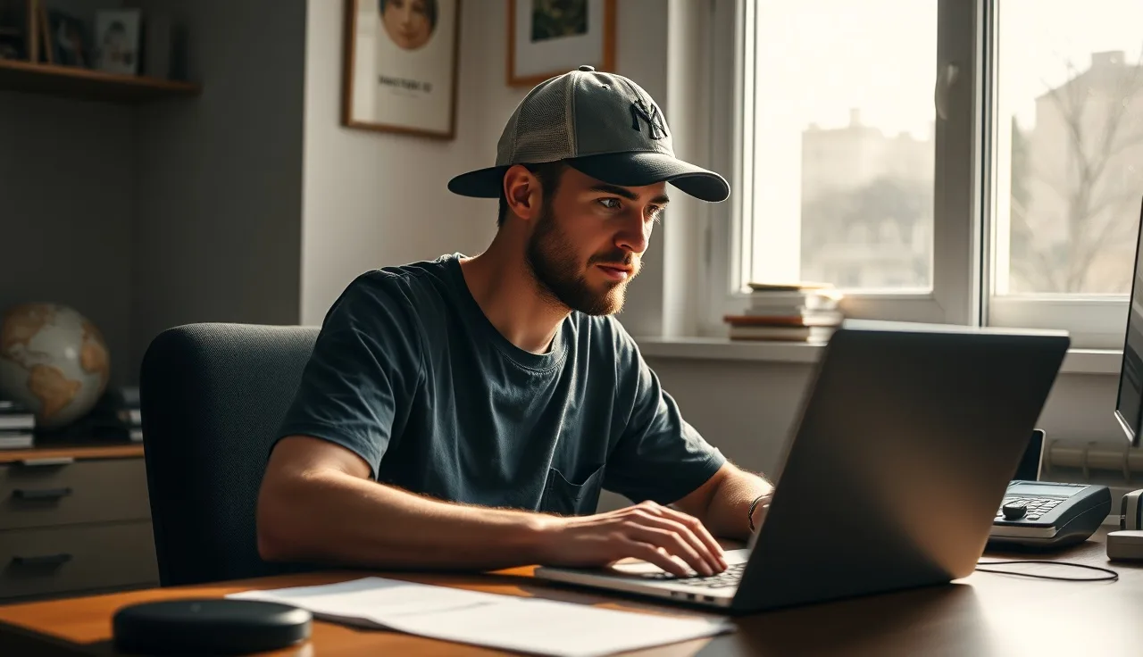 Man in baseball cap working at home desk during hair transplant recovery