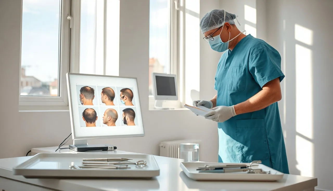Surgeon reviewing scalp photos before a hair transplant procedure in an Istanbul clinic