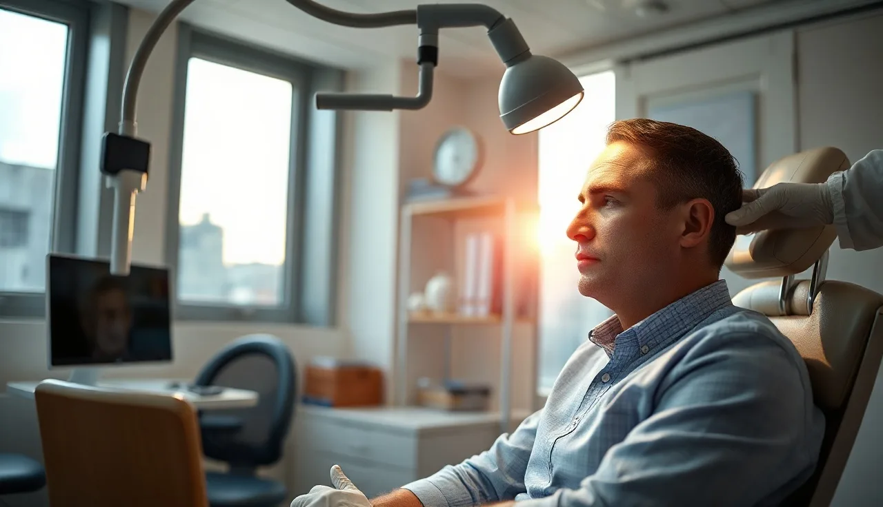 Doctor examining patient scalp with trichoscope during hair transplant consultation in NYC clinic