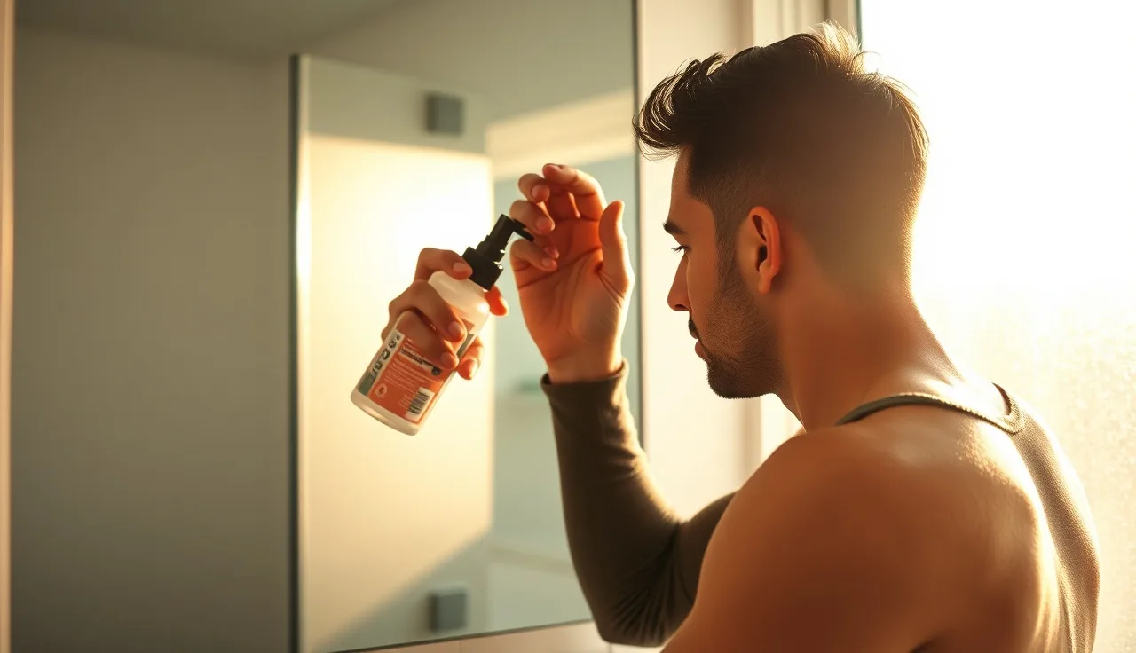 Man misting scalp gently with spray bottle during hair transplant recovery