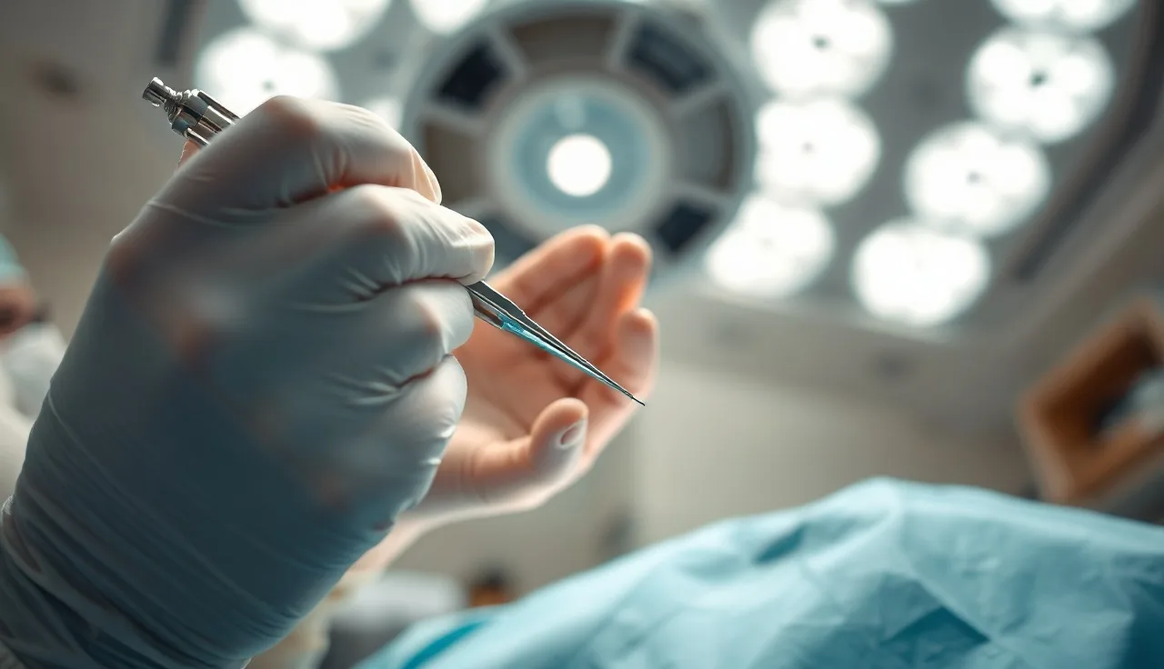 Surgeon's hands performing hair transplant procedure on a patient's scalp under surgical lighting