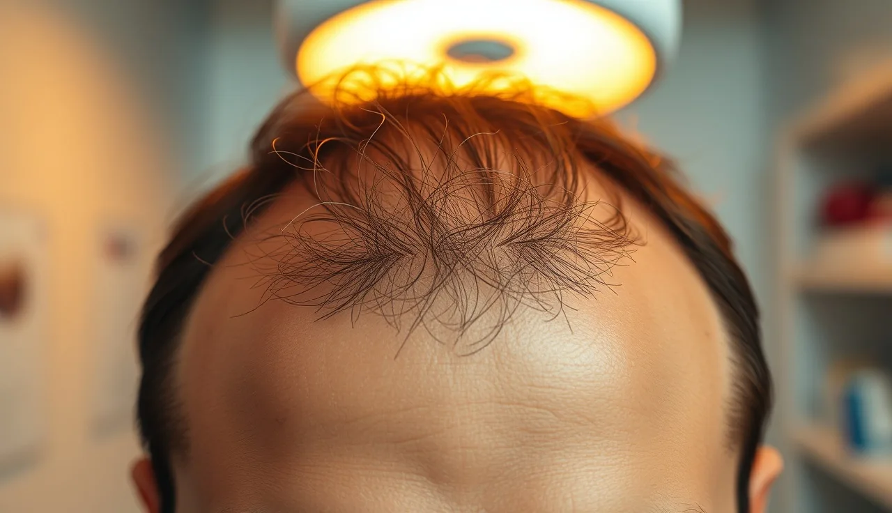 Close-up overhead view of a man's hairline and scalp in a dermatology clinic