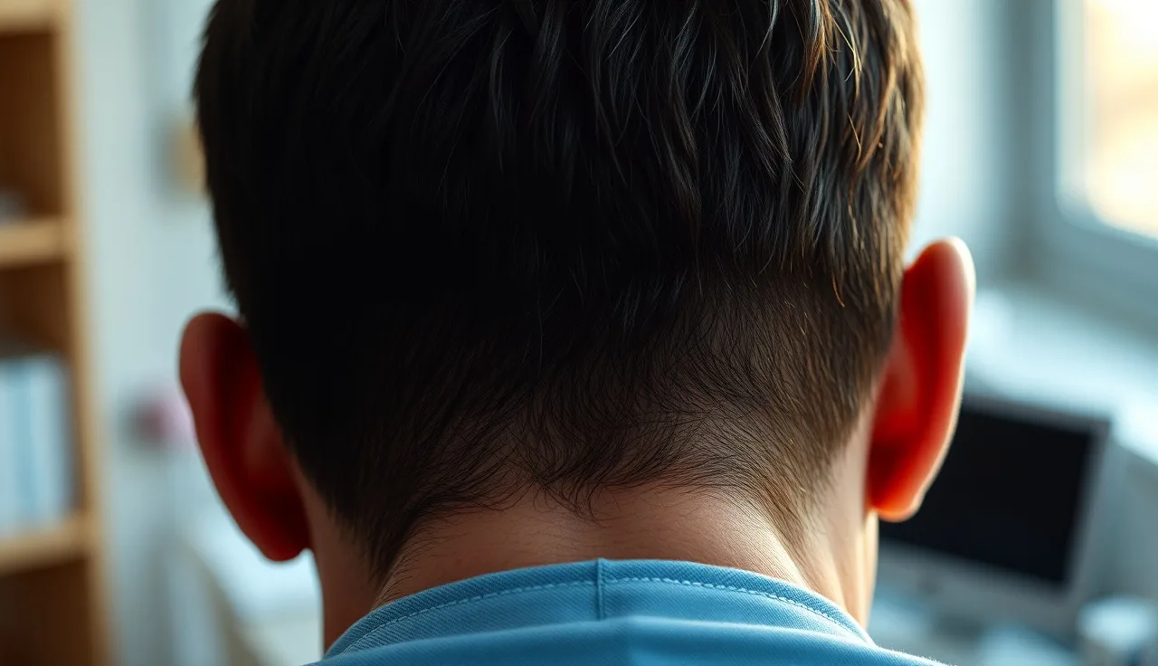 Back of a man's head showing a healed FUT donor scar beneath short hair