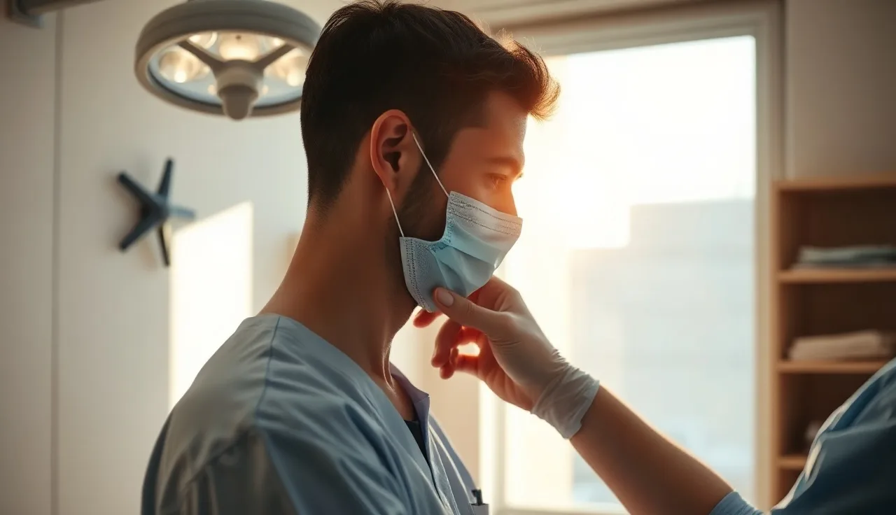 Hair transplant surgeon examining a patient's scalp in a clinic room
