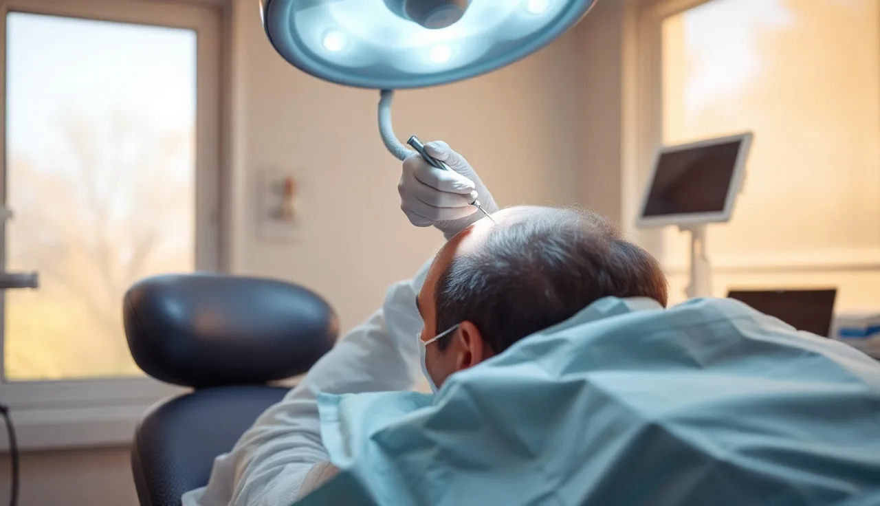 Surgeon performing hair transplant procedure on patient under bright surgical lighting