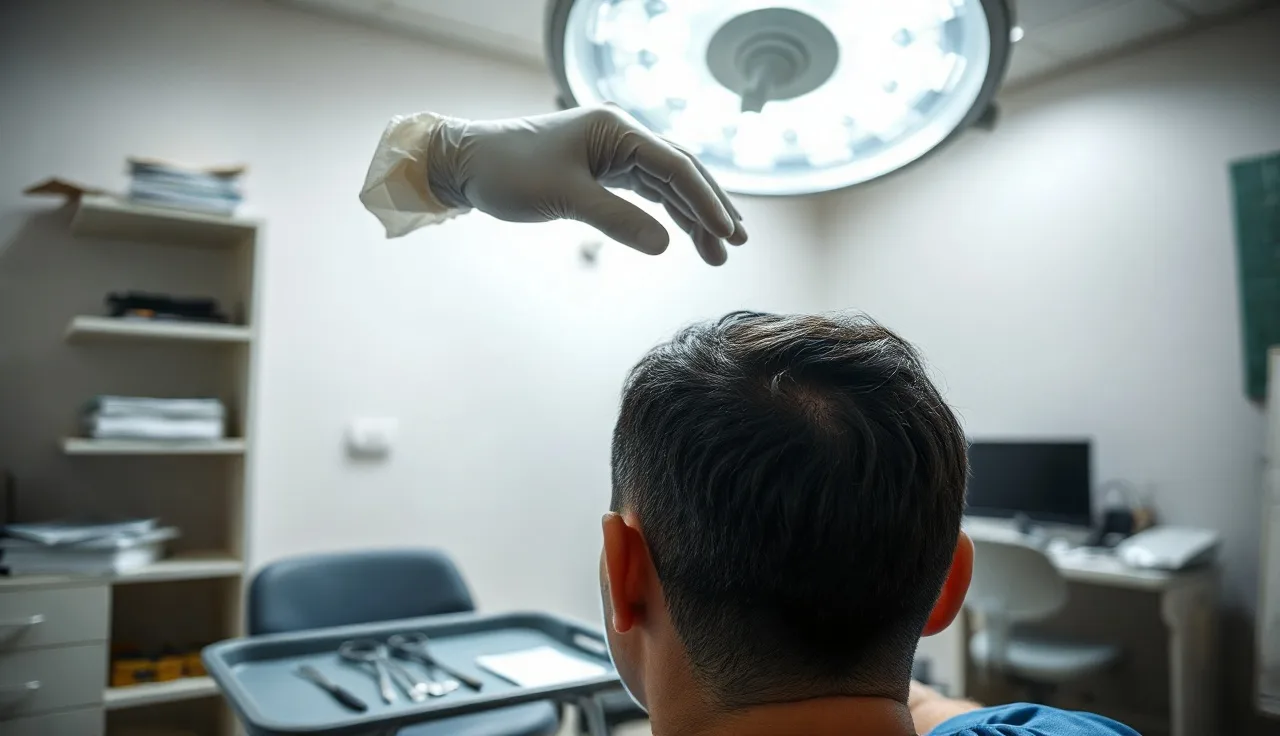 Surgeon examining a patient's scalp before a hair transplant procedure
