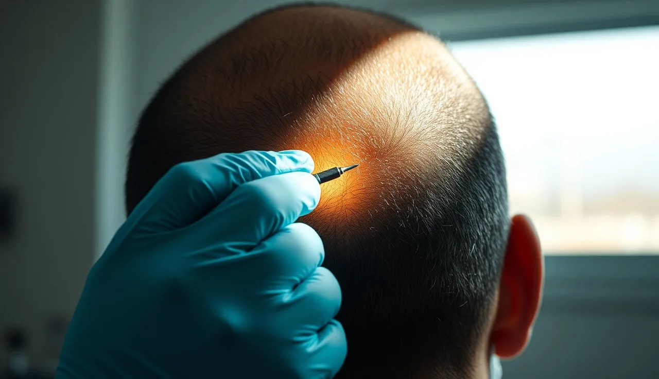Surgeon examining donor area of man's scalp before hair transplant surgery