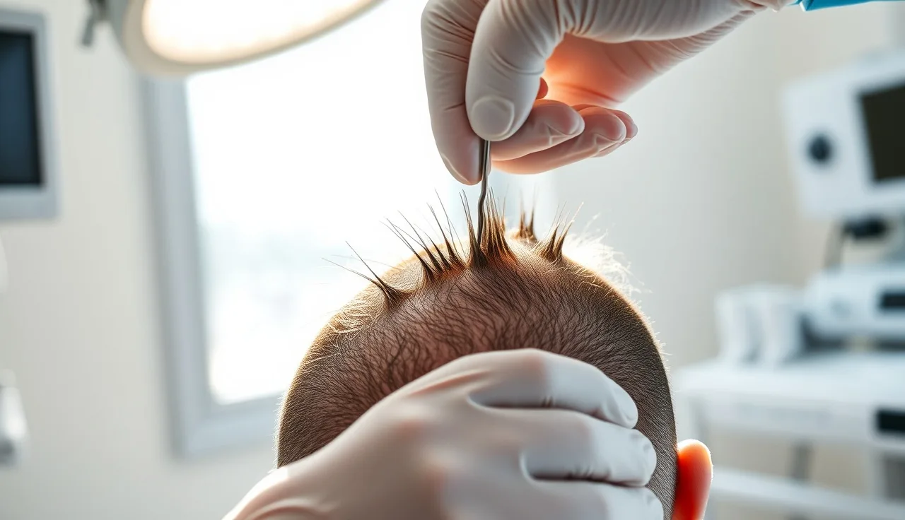 Surgeon placing individual hair follicle grafts into a patient's scalp during a transplant procedure