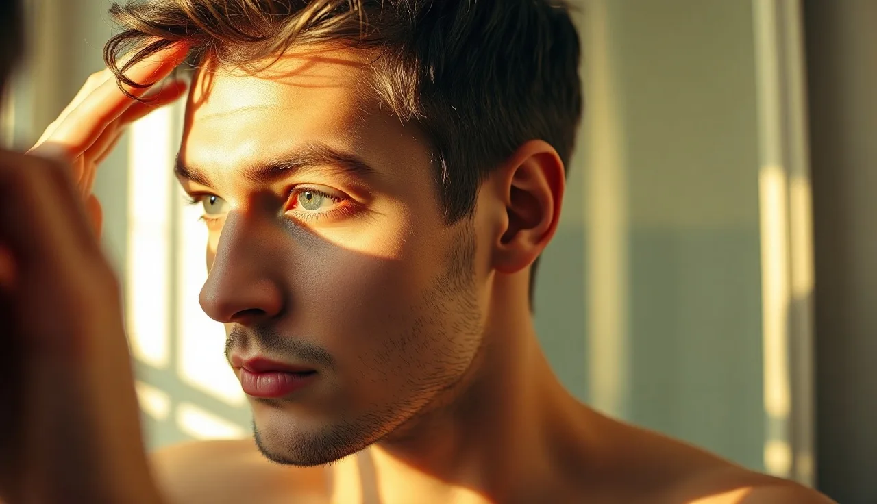 Man examining asymmetric receding hairline in bathroom mirror morning light