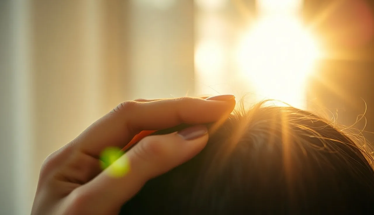 Woman parting hair at the crown to examine scalp for itching and hair loss