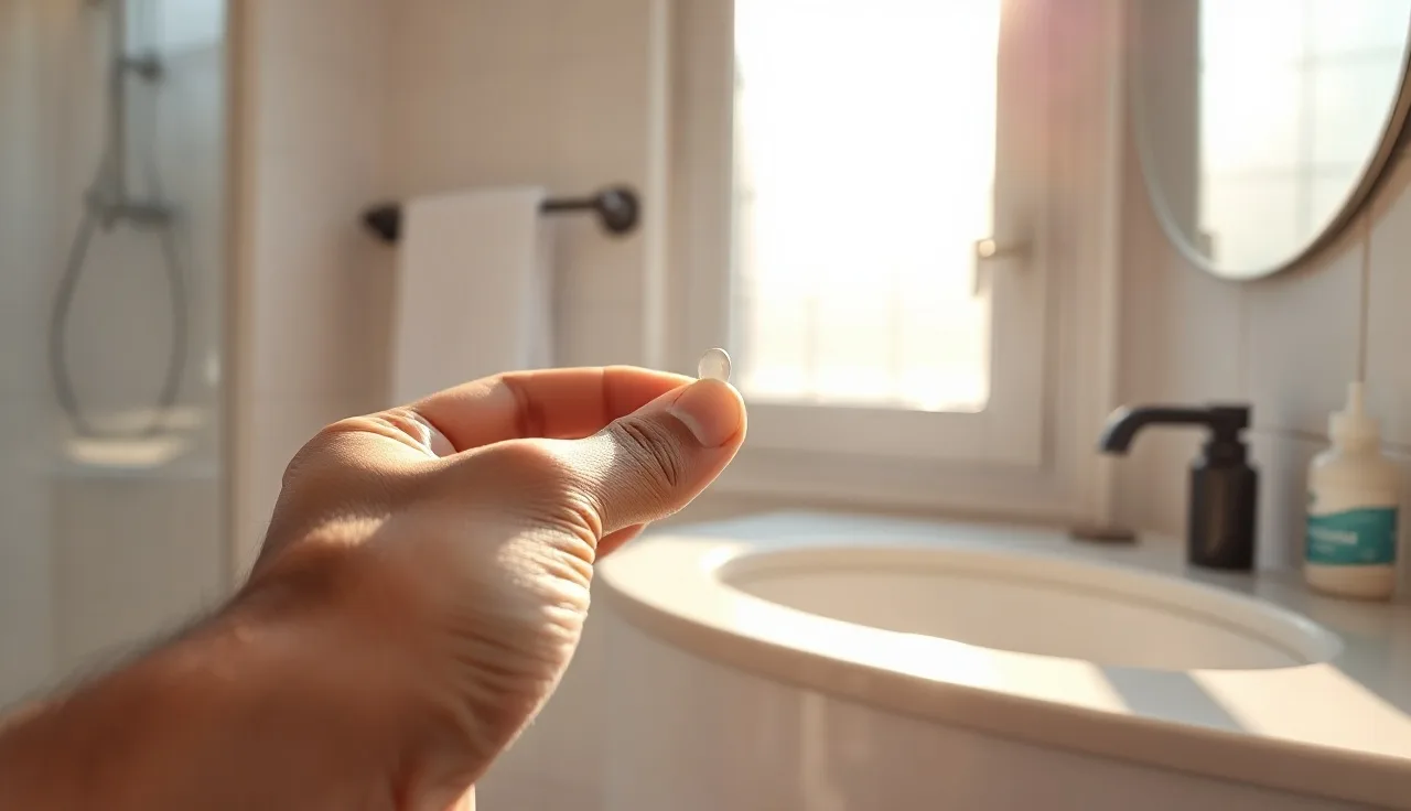 Man holding a small pill over a bathroom counter for daily hair loss treatment