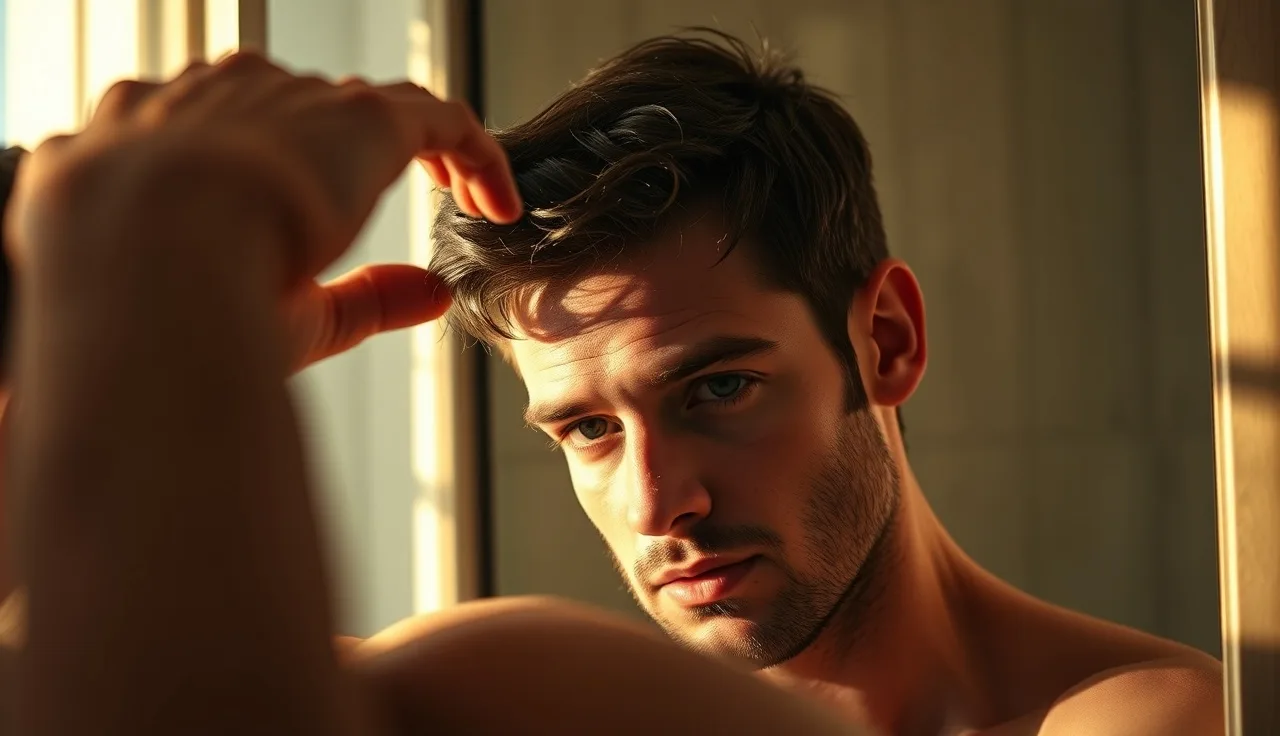 Man examining his hairline in a bathroom mirror under morning light