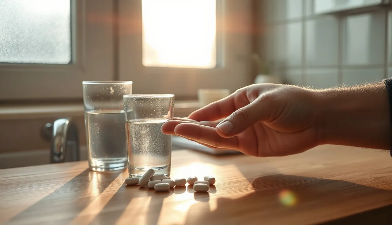 Man holding DHT-blocking pills next to a glass of water on a bathroom counter