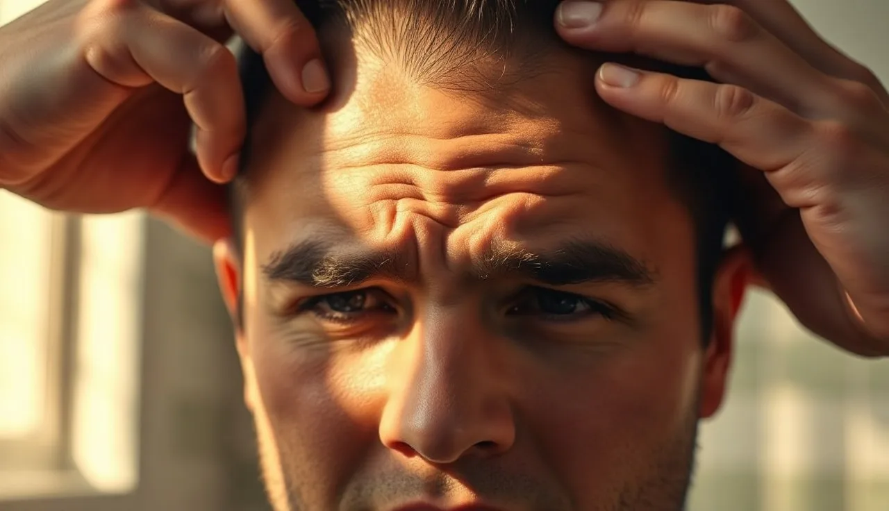 Man examining receding hairline at temples in bathroom mirror morning light