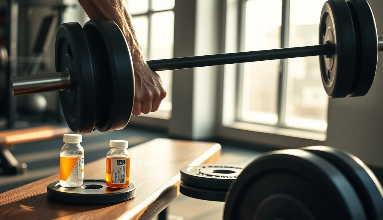 Man holding barbell in gym with small pill bottle on bench beside him