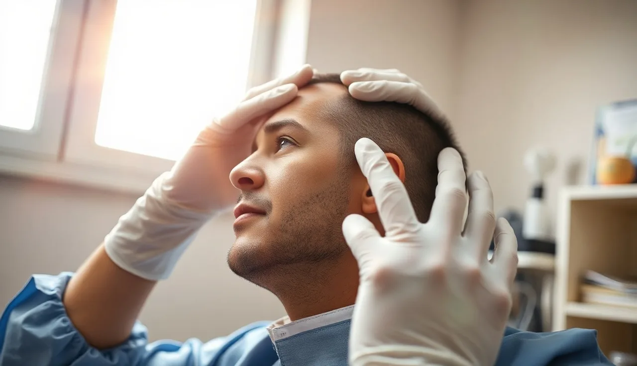 Surgeon in gloves examining a man's scalp before a hair transplant consultation