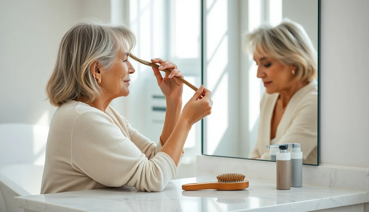 Middle-aged woman examining thinning hair part in bathroom mirror
