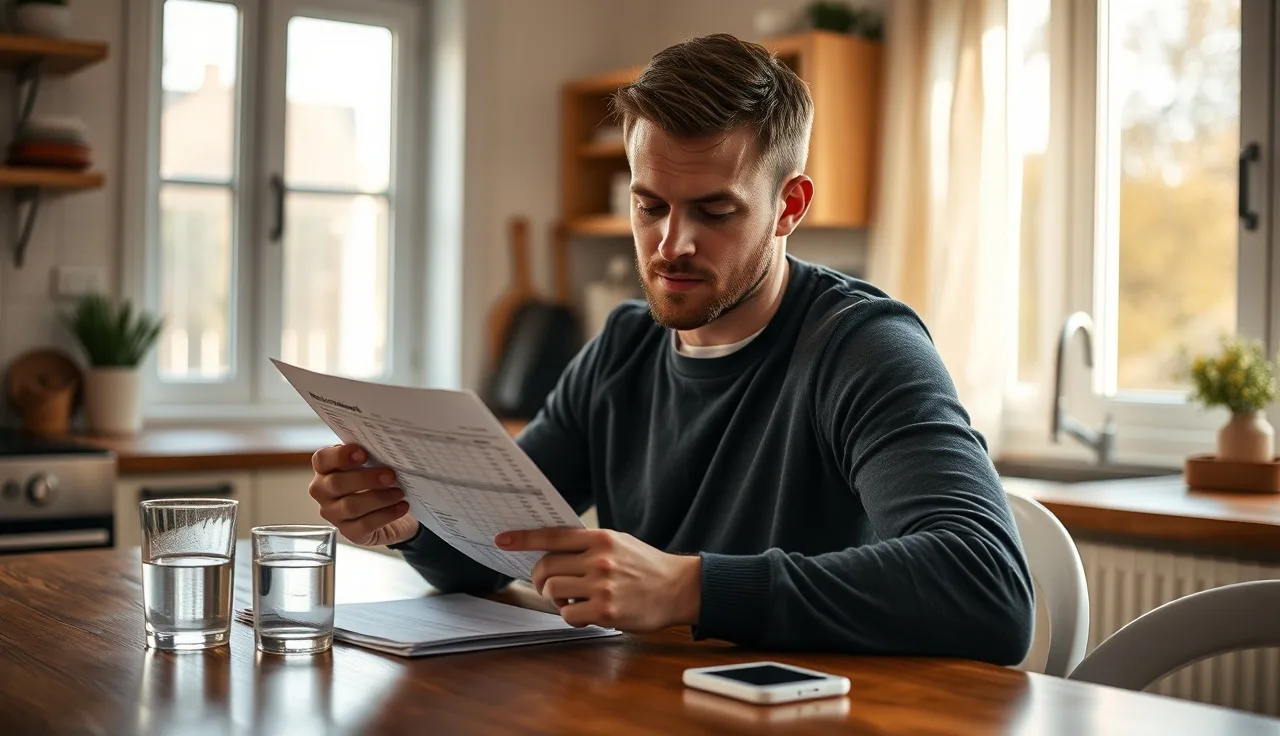 Man reviewing hormone lab results at kitchen table with finasteride tablet